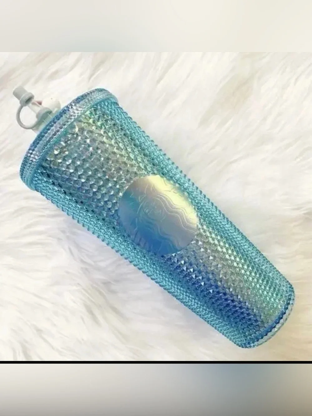 NWT Starbucks China Blue Iridescent Studded Tumbler 24oz Venti Cup Bunny Topper